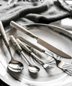 Silver & Marble Stainless Steel Luxury Flatware 5Pc Set - Final Sale