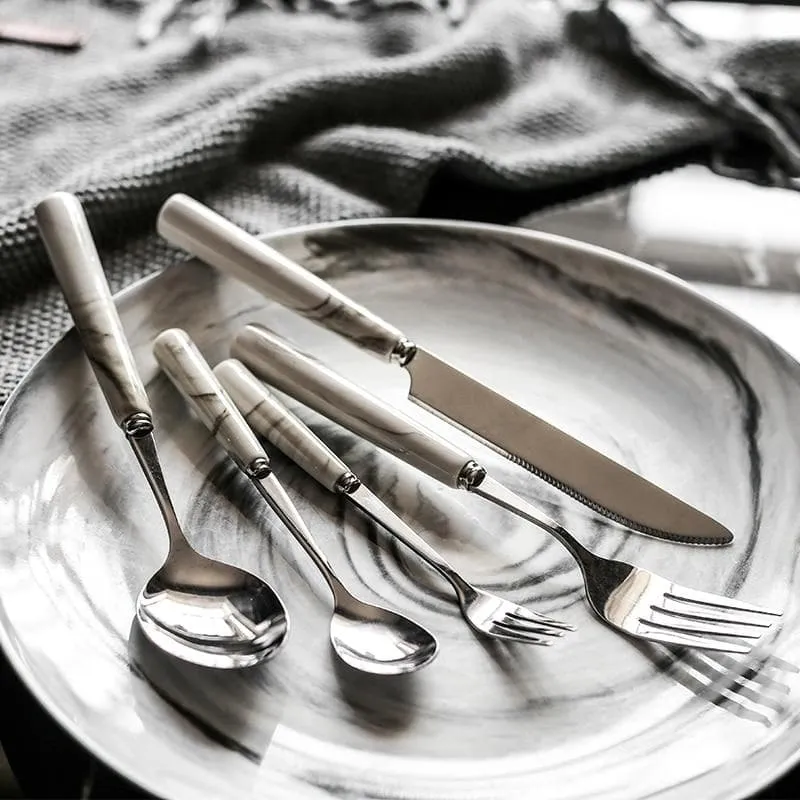Silver & Marble Stainless Steel Luxury Flatware 5Pc Set - Final Sale