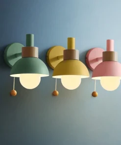 Colored Wood & Metal Globe Wall Sconce with Pull Cord