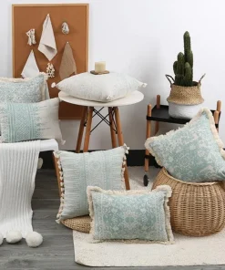 Vintage Blue Texture Pillow Cover with Tassles