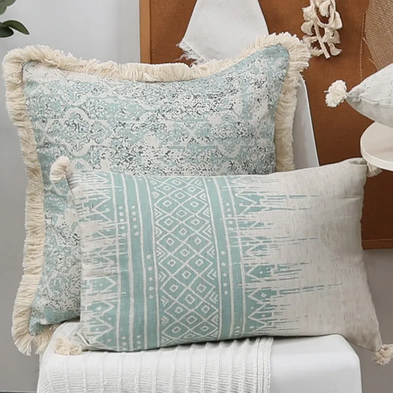 Vintage Blue Texture Pillow Cover with Tassles - Image 2