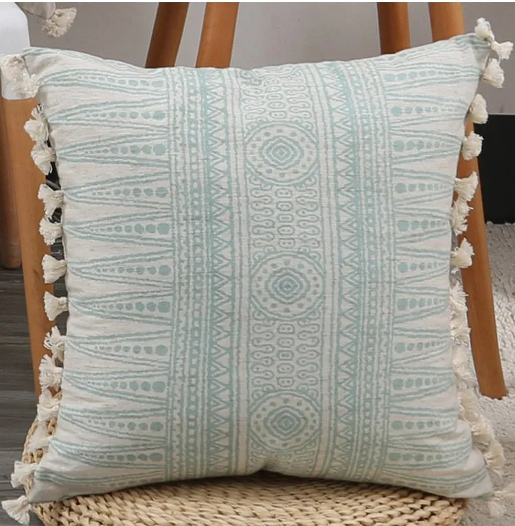 Vintage Blue Texture Pillow Cover with Tassles - Image 3