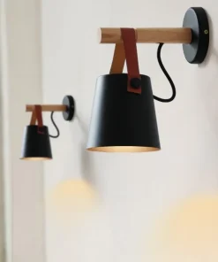 Modern Wood & Metal Wall Sconce with Faux Leather Strap