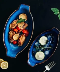 Indigo Oval Serving Plates with Handles