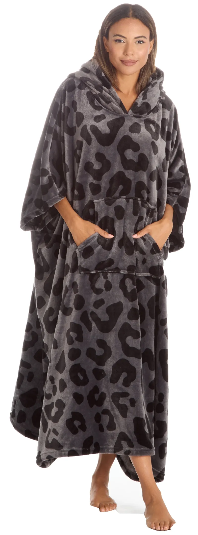 Huggable Hoodie Oversized Wearable Blanket Womens Fleece Hoody - Grey Panther - Image 3