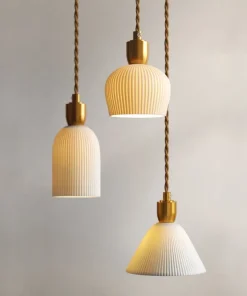 Pleated Ceramic & Brass Cocoon Pendant Light