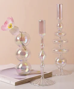Clear Rainbow Iridescent Blown Glass Candle Holder