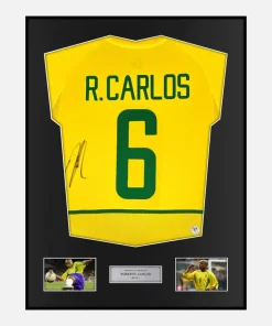 Framed Roberto Carlos Signed Brazil Shirt 2002-04 Home [Classic]