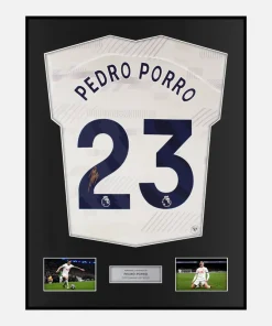 Framed Pedro Porro Signed Tottenham Hotspur Shirt 2023-24 Home [Classic]