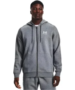 Under Armour Mens Essential Fleece FZ Hood Pitch Grey Medium Heather/White