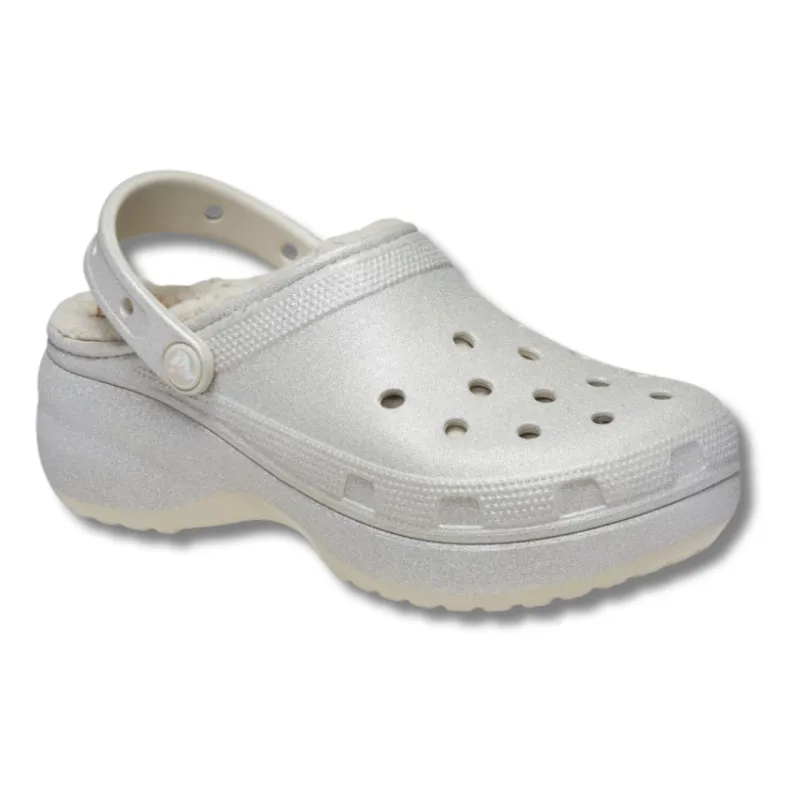 Crocs Womens Sandal Classic Platform Lined Clog Glitter Silver