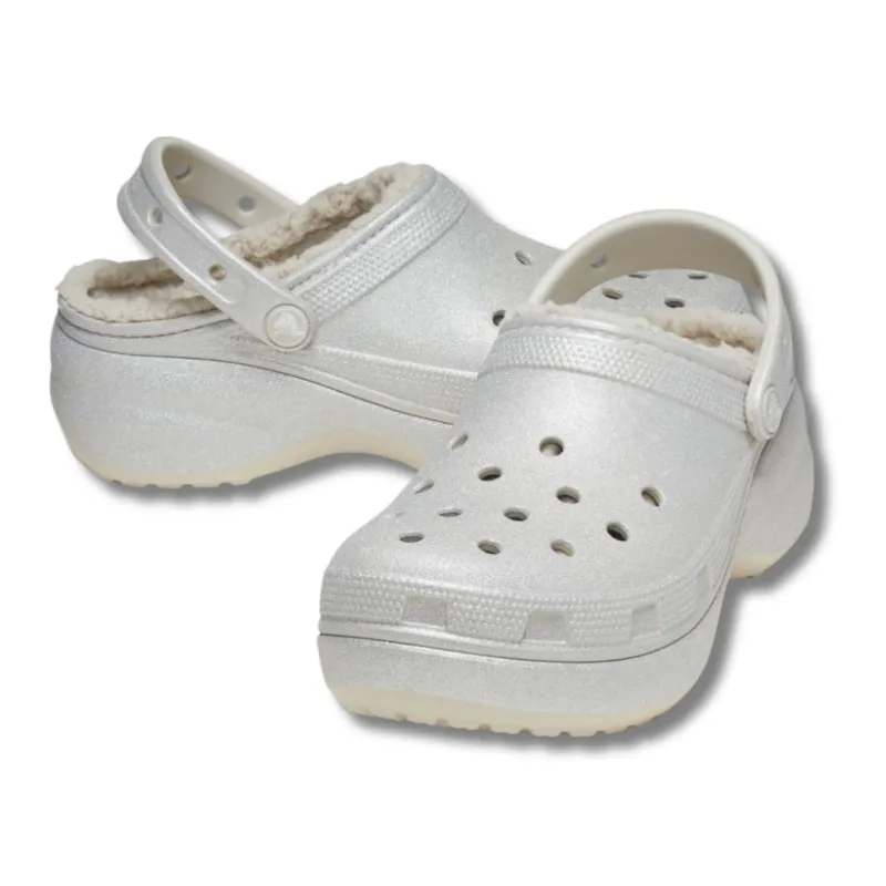 Crocs Womens Sandal Classic Platform Lined Clog Glitter Silver - Image 2