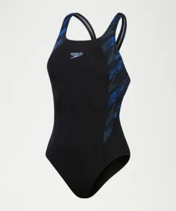 SPEEDO WOMENS HYPERBOOM SPLICE MUSCLEBACK 1 PIECE SWIMSUIT BLACK/BLUE