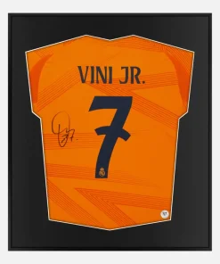 Framed Vinicius Junior Signed Shirt, Real Madrid, Away Orange, New [Lite]