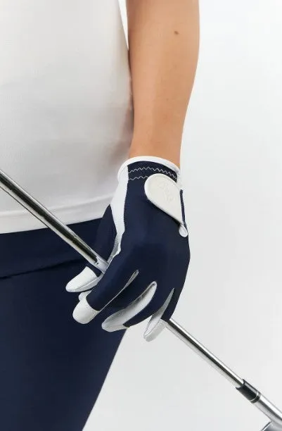 PURE GOLF WOMENS EDEN CABRETTA LEATHER LYCRA COMFORT STRETCH GOLF GLOVE - NAVY