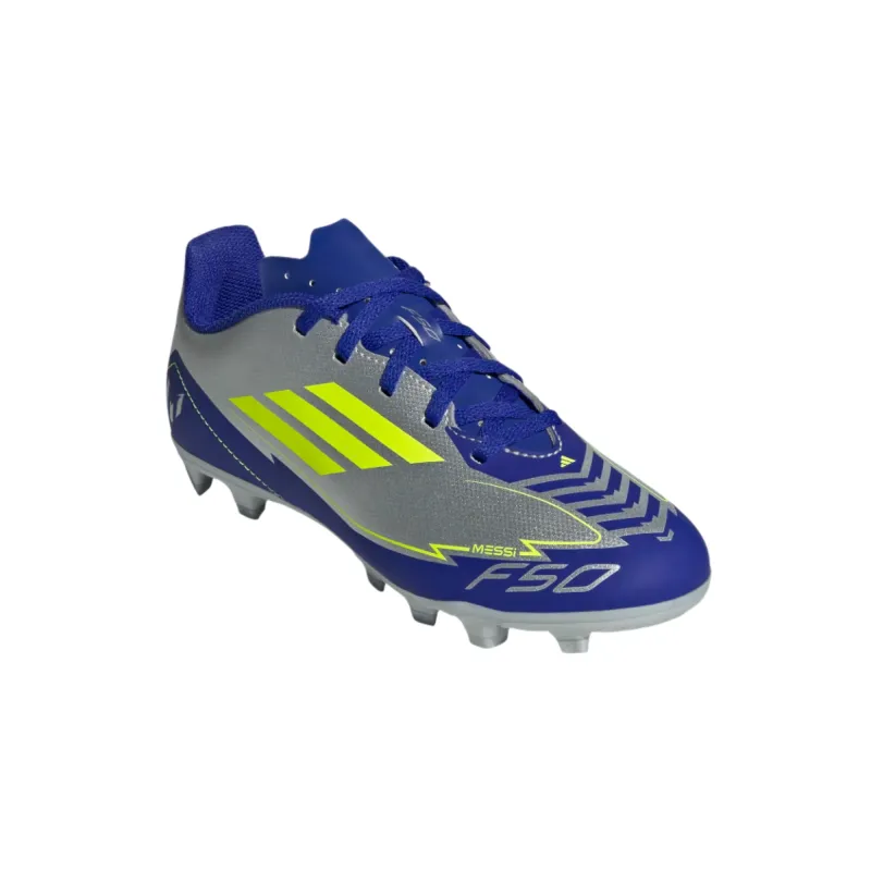 Adidas Junior Football Boot F50 FG/MG J Messi Silver Met/Solar Yellow/Lucid Blue