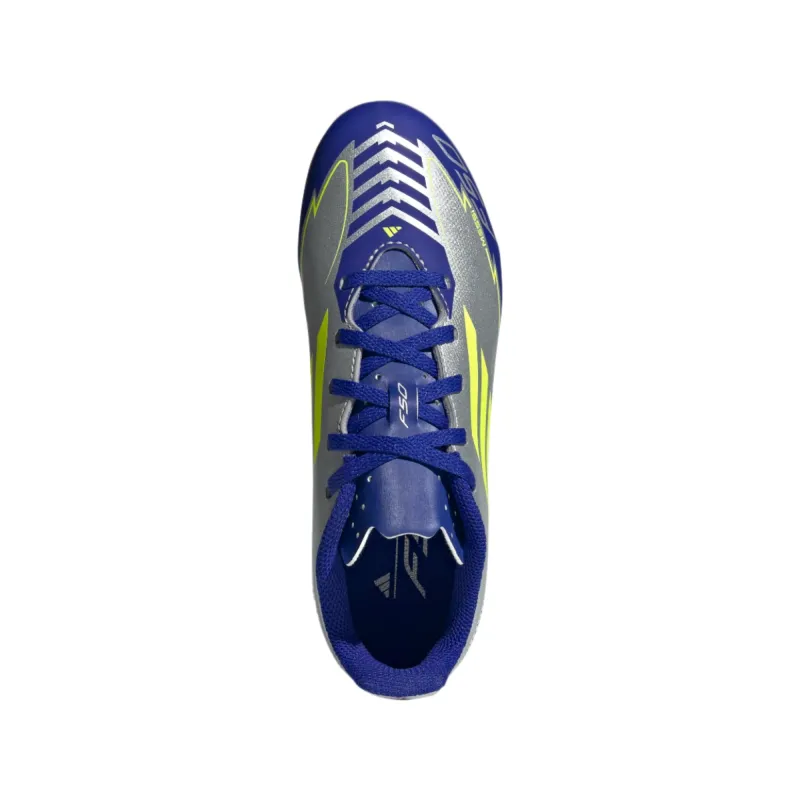 Adidas Junior Football Boot F50 FG/MG J Messi Silver Met/Solar Yellow/Lucid Blue - Image 2