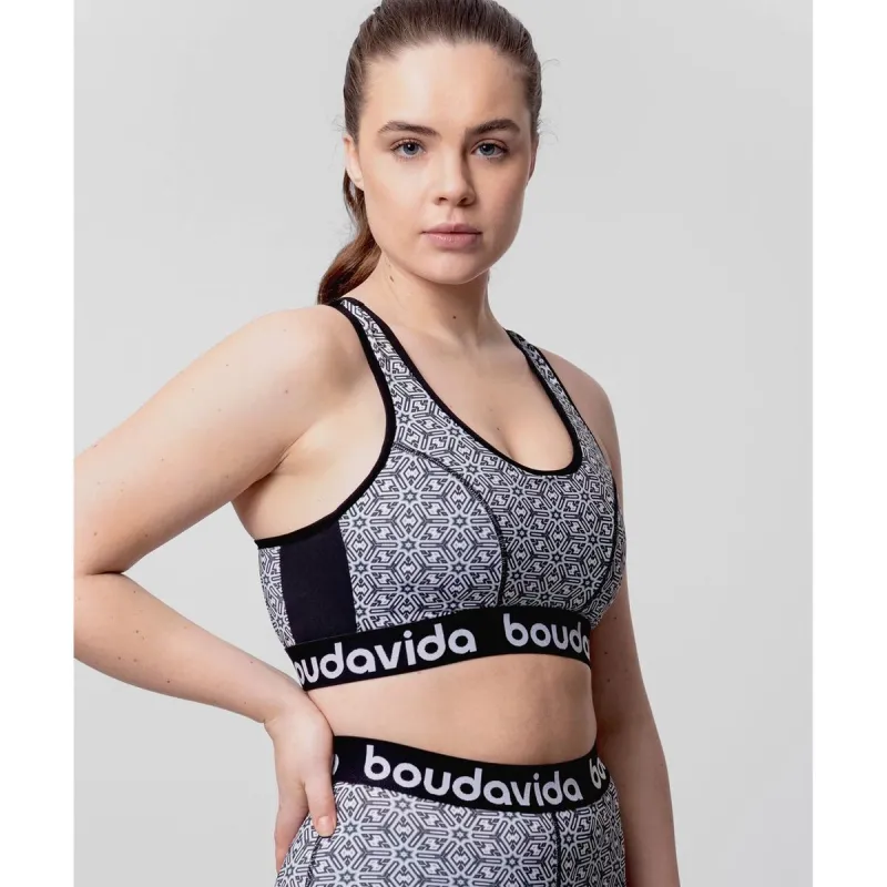 Boudavida Racerback Sports Bra Black & White Printed Pattern