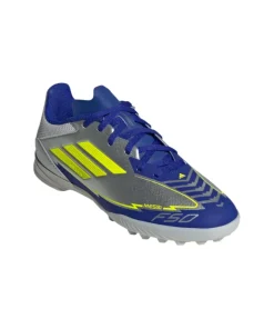 Adidas Junior Astro Turf Boot F50 League TF J Messi Silver Metallic/Solar Yellow/Lucid Blue