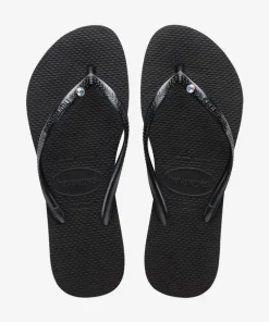HAVAIANAS LADIES SLIM CRYSTAL SW II BLACK FLIP FLOPS