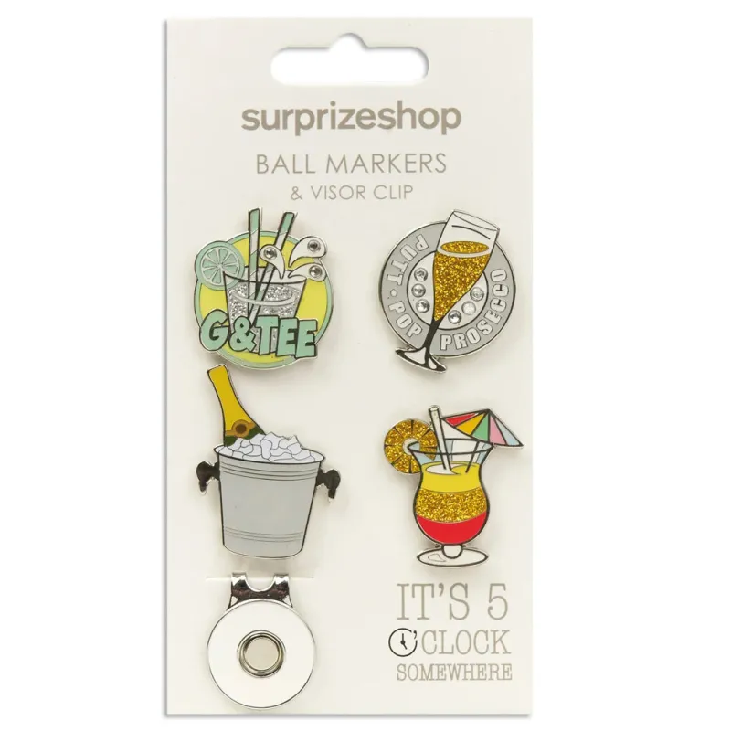 SURPRIZE SHOP 4 BALL MARKER VISOR SET ITS 5 O'CLOCK SOMEWHERE