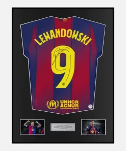 Framed Robert Lewandowski Signed Barcelona Shirt 2025-26 Home [Classic]