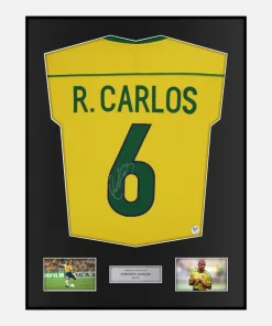 Framed Roberto Carlos Signed Brazil Shirt 1998-00 Home [Classic]
