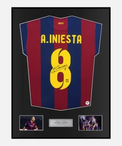 Framed Andrés Iniesta Signed Barcelona Shirt 2014-15 Treble [Classic]