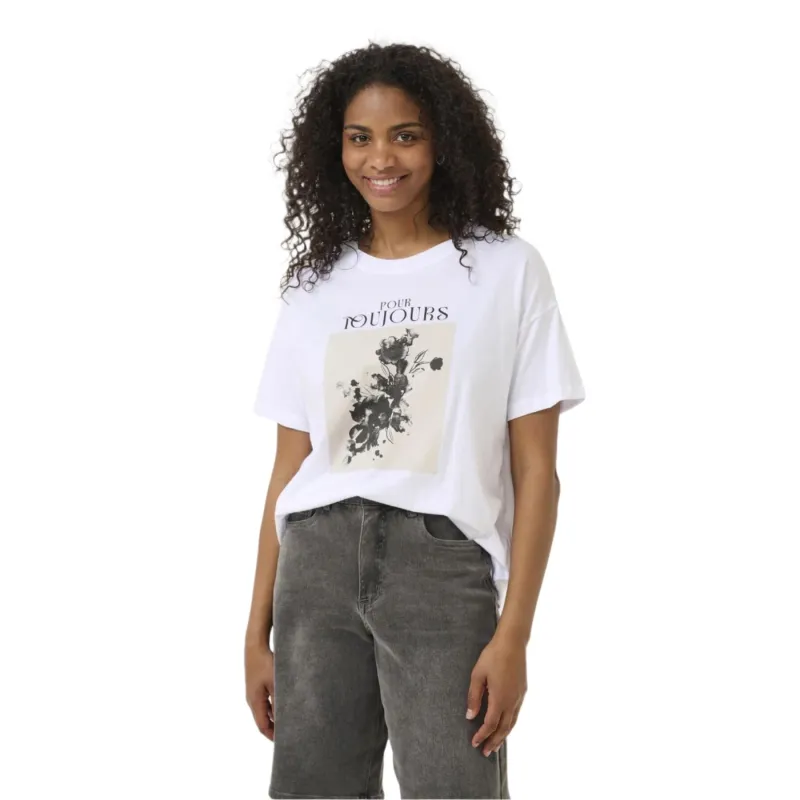 Kaffe Womens T-Shirt Vivie Optical White/Flower Square