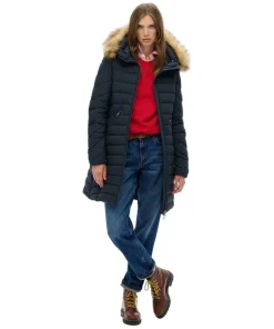 Superdry Womens Coat Fuji Faux Fur Hooded Mid Length Eclipse Navy