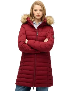 Superdry Womens Fuji Faux Fur Hood Mid Length Coat Wine Red