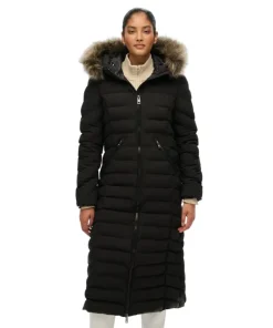 Superdry Womens Coat Fuji Faux Fur Hooded Longline Black