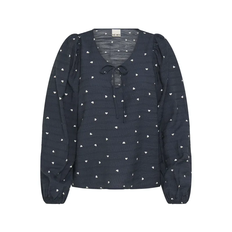 Ichi Womens Top Elva LS Blue/White Hearts