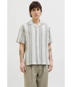 Jack & Jones Jack & Jones Premium revere collar linen shirt in White with Green stripe Vetiver
