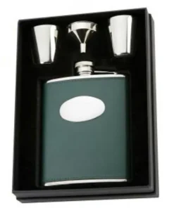 David Nick Green Leather 6oz Hip Flask Presentation