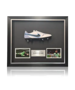 Alisson Becker Hand Signed White/Blue Nike TIEMPO Football Boot In Deluxe Classic Dome Frame